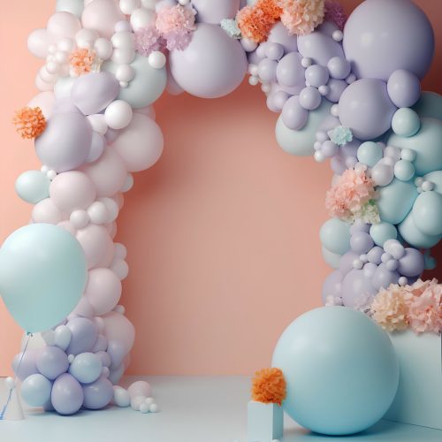3d render of birthday cake with balloons and flowers in pastel colors